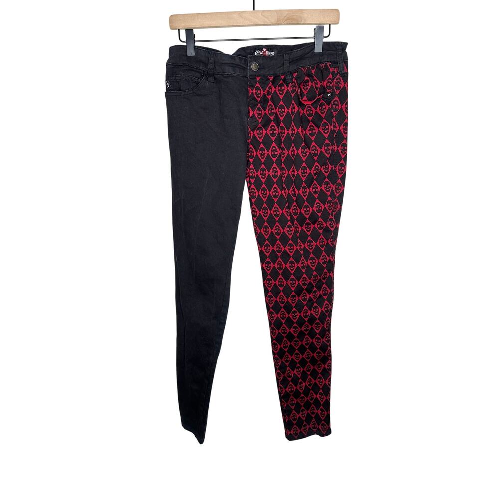 Royal Bones Black Red Diamond Split Leg Skinny Jeans Harlequin Skull Goth 11